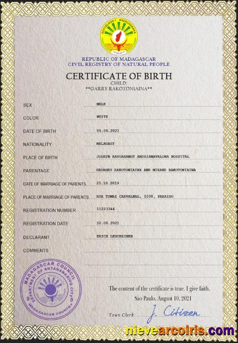 Madagascar birth certificate